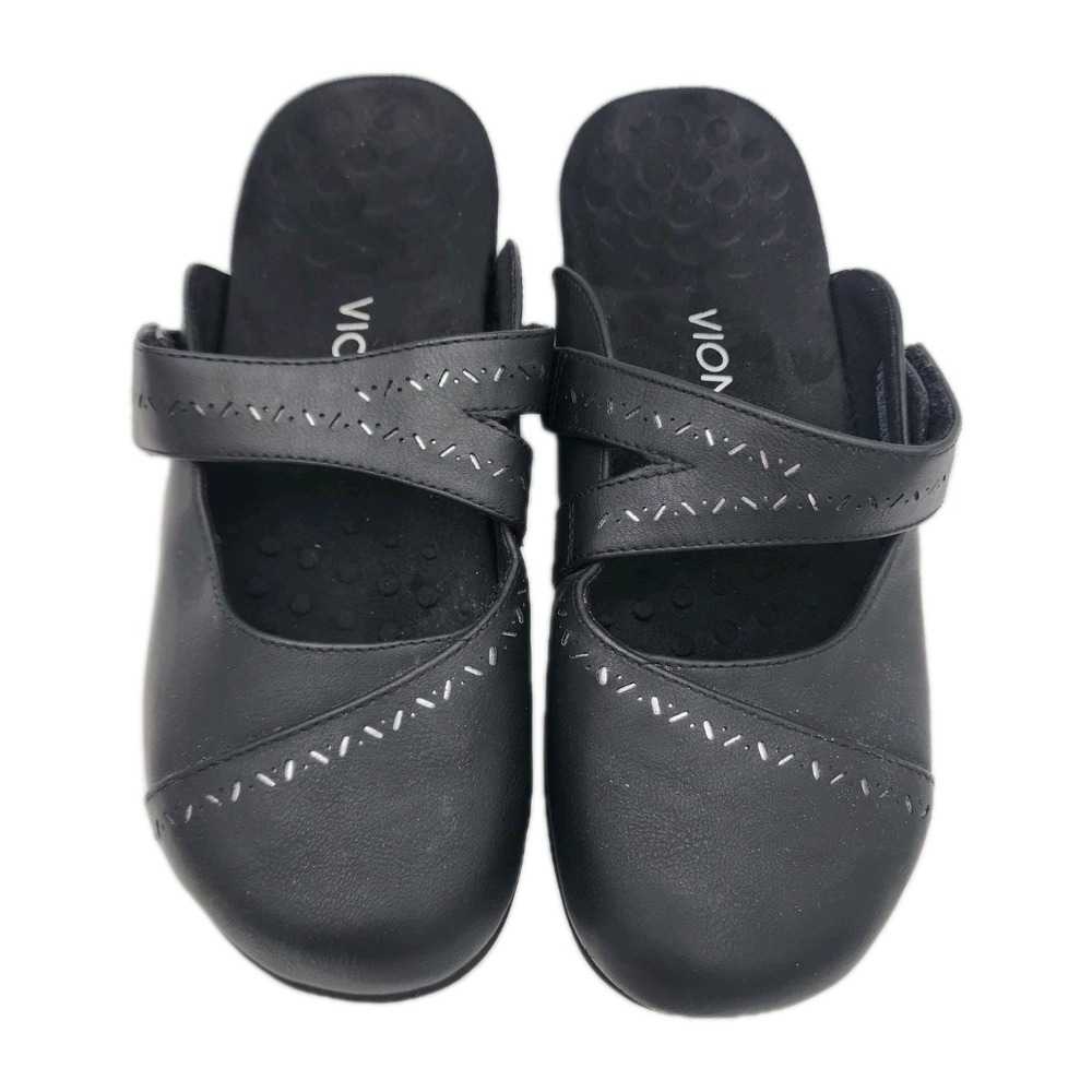 Vionic Allegra Black Leather Mules Arch Support Shoes Women Size US 8 EU 40